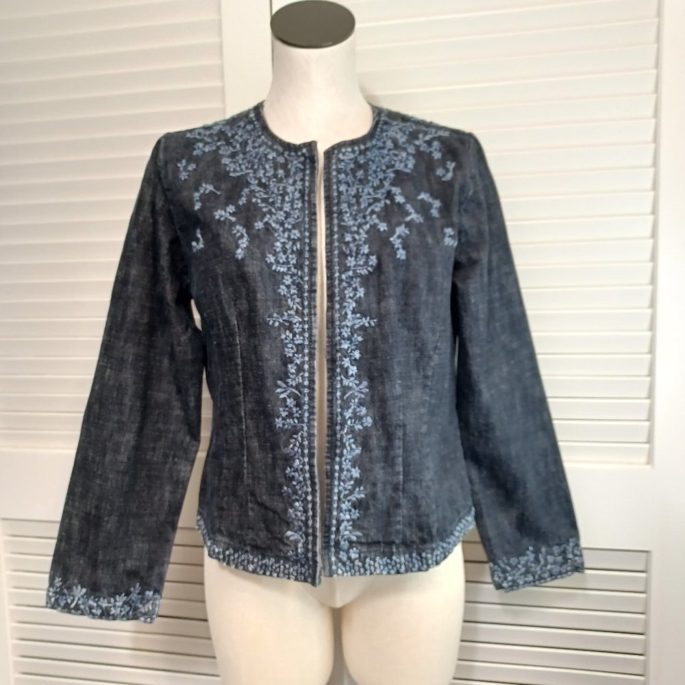 Coldwater Creek Blue Floral Embroidered Denim Open Front Jacket Womens Dark Wash